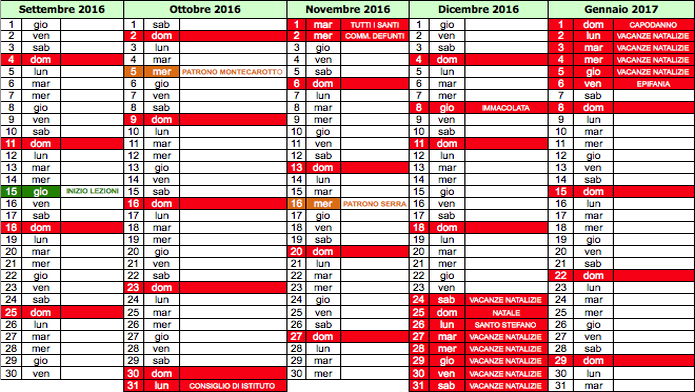 Calendario scolastico 2016-2017
