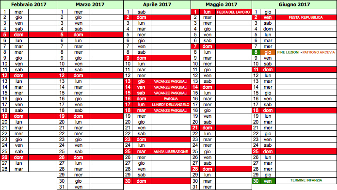 Calendario scolastico 2016-2017