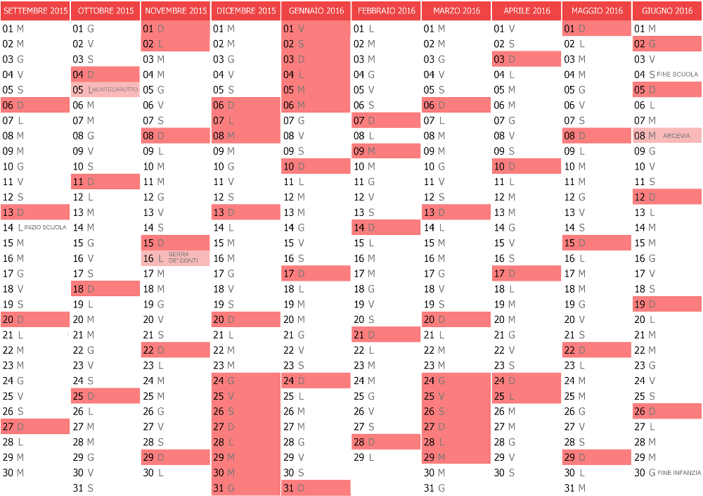 Calendario scolastico 2015/2016