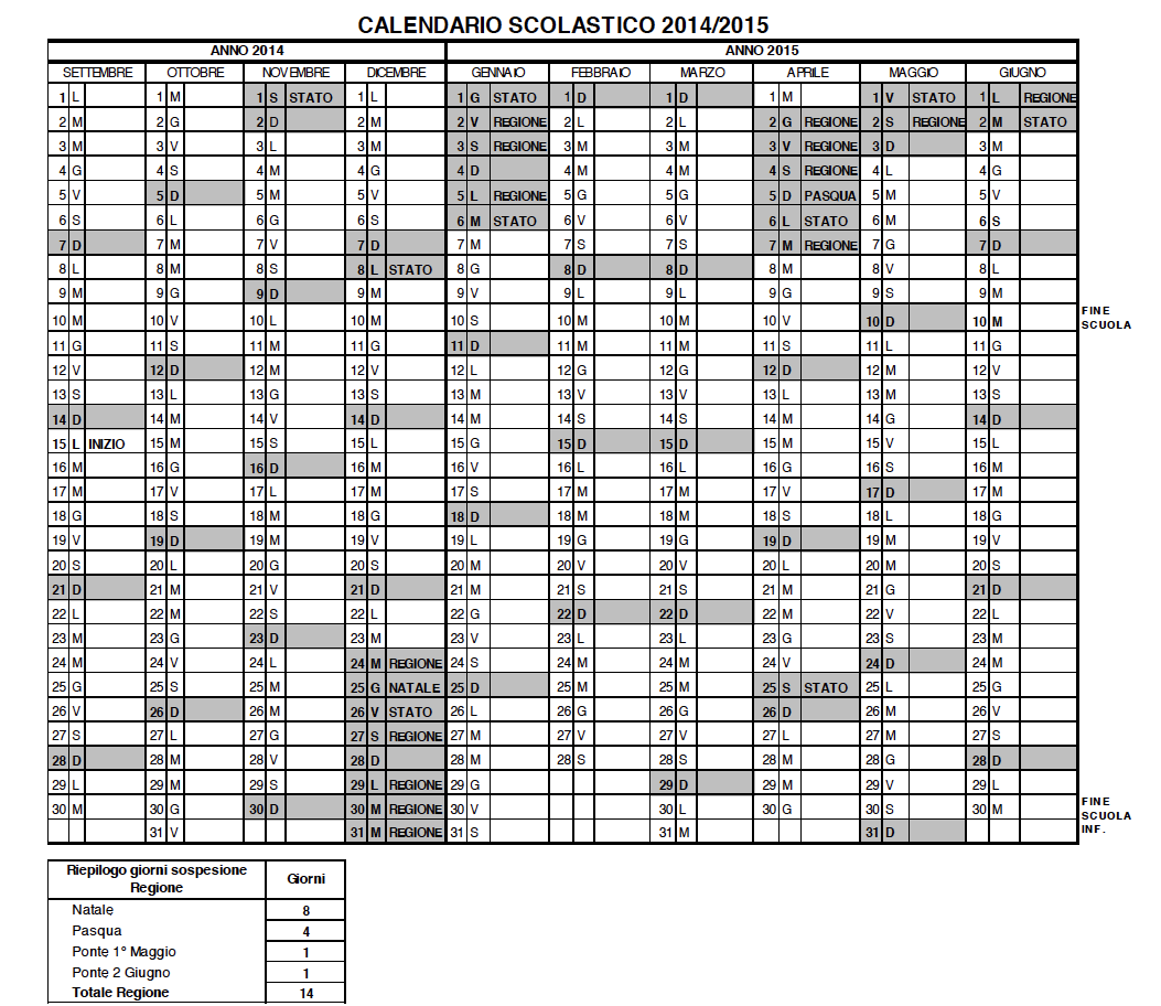Calendario scolastico 2014-2015