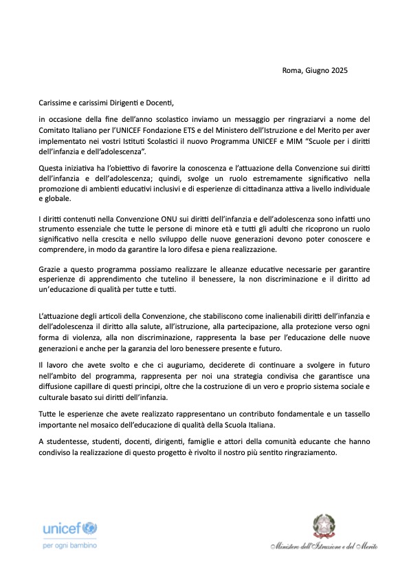 Lettera ringraziamento UNICEF MIM 2024-2025